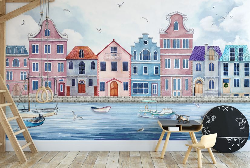 Watercolor Dutch Houses Wallpaper Mural for Kids