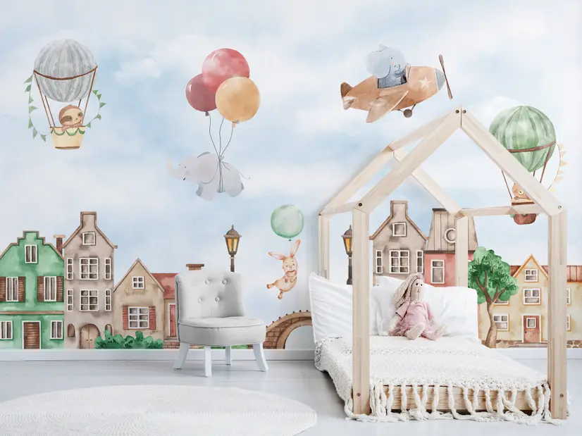 Watercolor Cute Houses with Flying Animals Wallpaper Mural for Kids