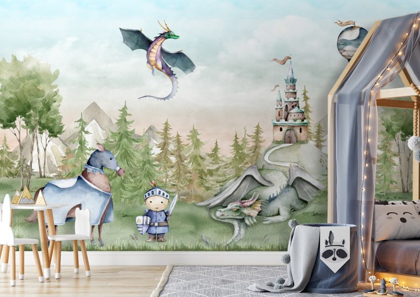 Kids Dragons Fairytale Cute Prince and Princess Wallpaper Mural
