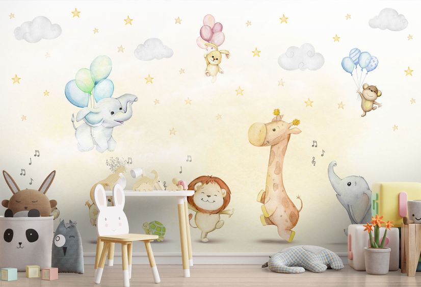 Kids Nursery Safari Animals Playing Wallpaper Mural