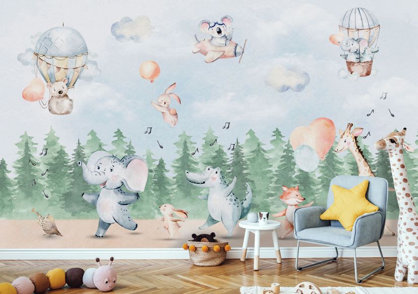 Kids Cute Animals Dancing in the Forest Wallpaper Mural
