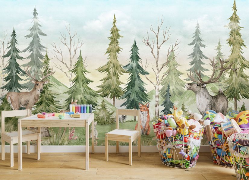 Kids Watercolor Pine Tree Forest with Animals Wallpaper Mural