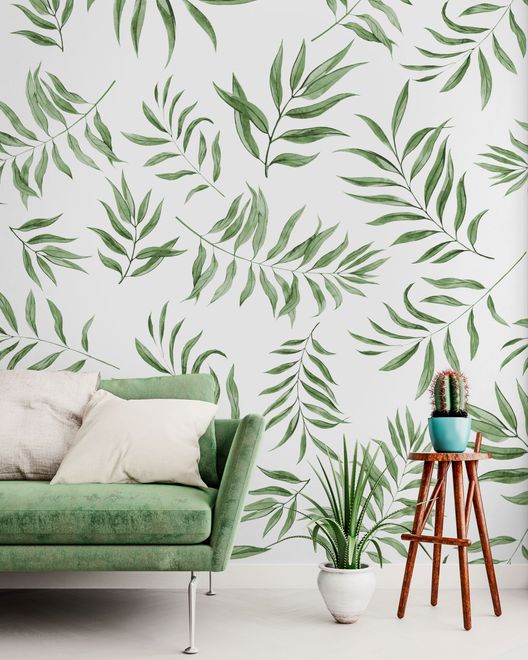 Watercolor Green Palm Leaf Pattern Wallpaper Mural