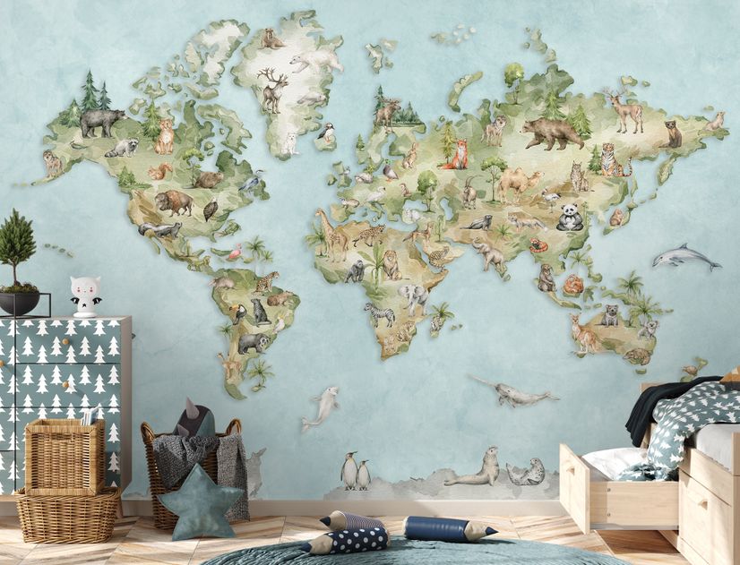 Watercolor Kids World Map with Soft Animals Wallpaper Mural