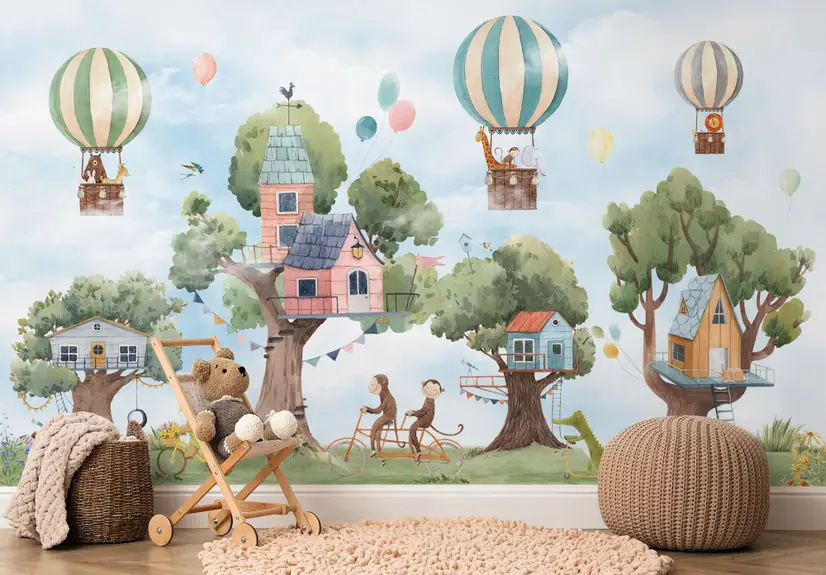 Papier peint animaux volants mignons cabane arbre chambre bébé