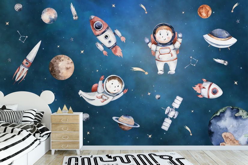 Kids Watercolor Space with Planets Wallpaper Mural