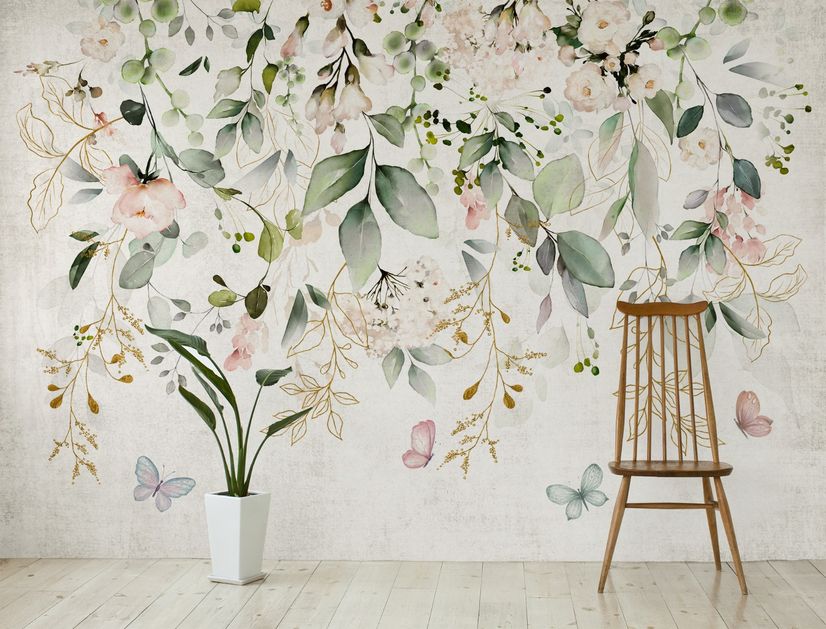 Watercolor Soft Floral with Green Leaves Wall Mural