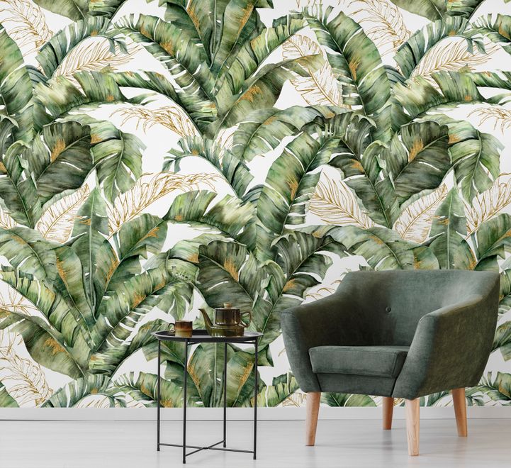 Watercolor Tropical Banana Leaf with Faux Gold Details Wallpaper Mural