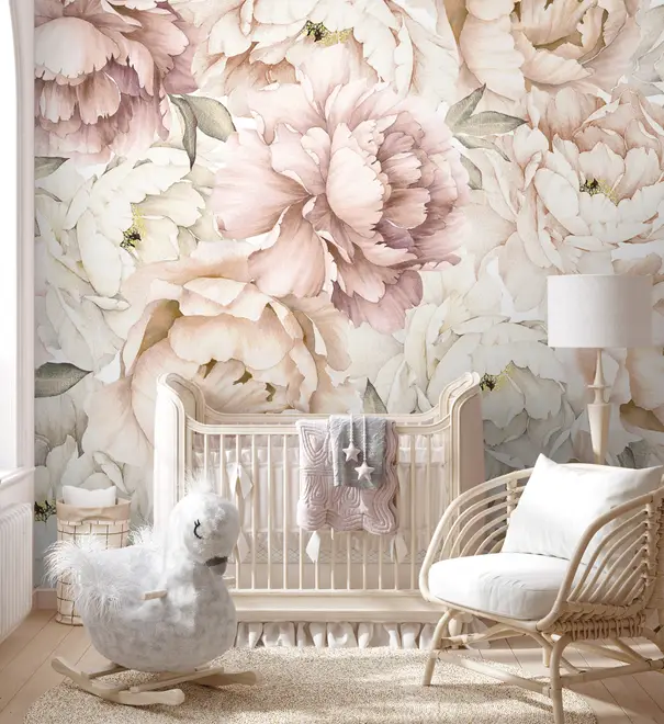 Nursery Pastel Peony Watercolor Floral For Girls Wallpaper Mural • Wallmur®