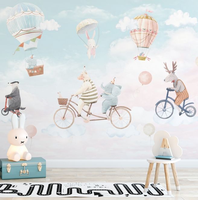 Watercolor Happy Animals in the Sky for Kids Wallpaper Mural