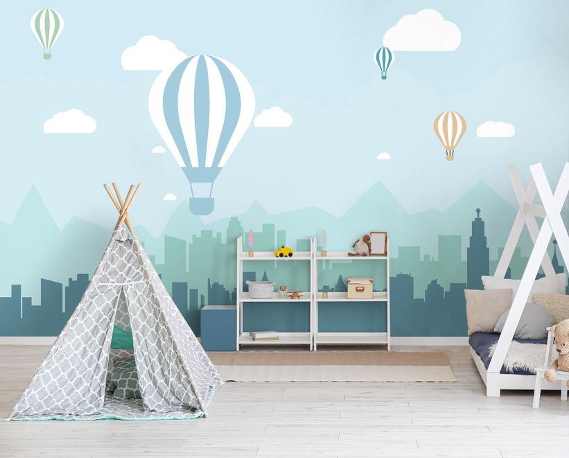 Hot Air Balloon and Blue City Landscape Wallpaper Mural