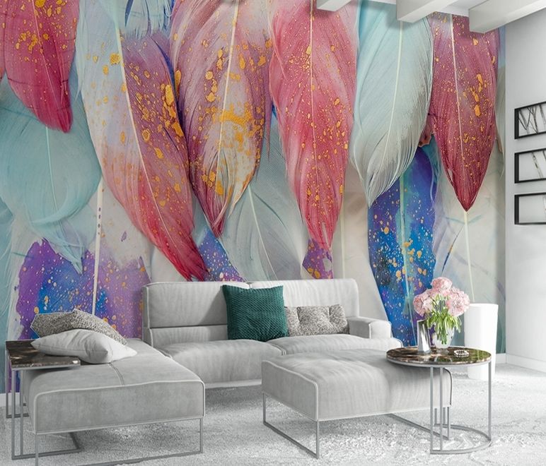 Watercolor Colorful Feather Pattern Wallpaper Mural