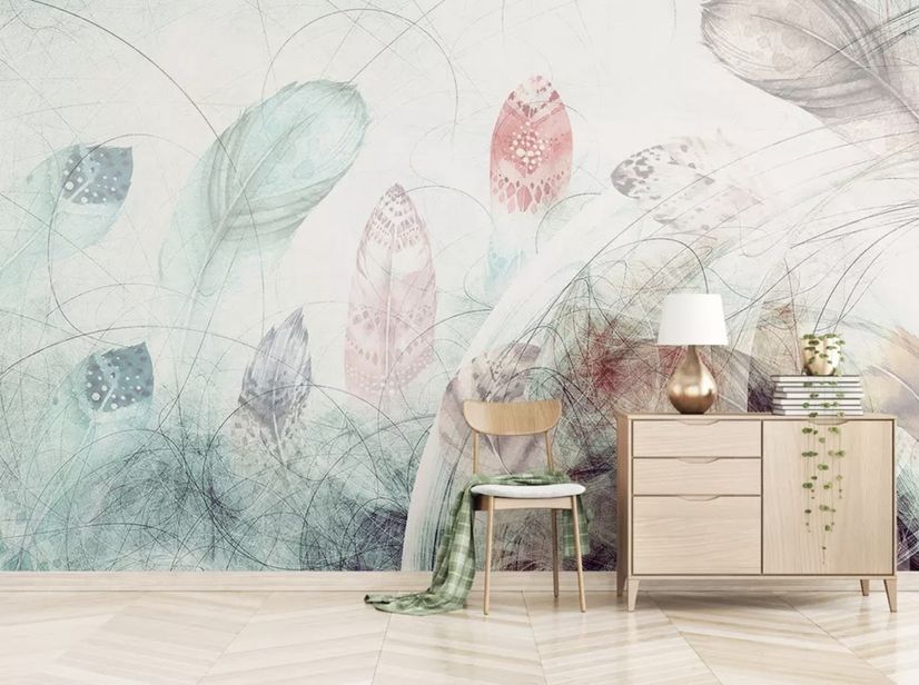 Soft Feathers with Abstract Lines Wallpaper Mural