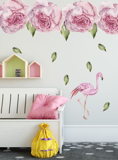 Pink Peony Floral and Flamingo Wall Decal Sticker