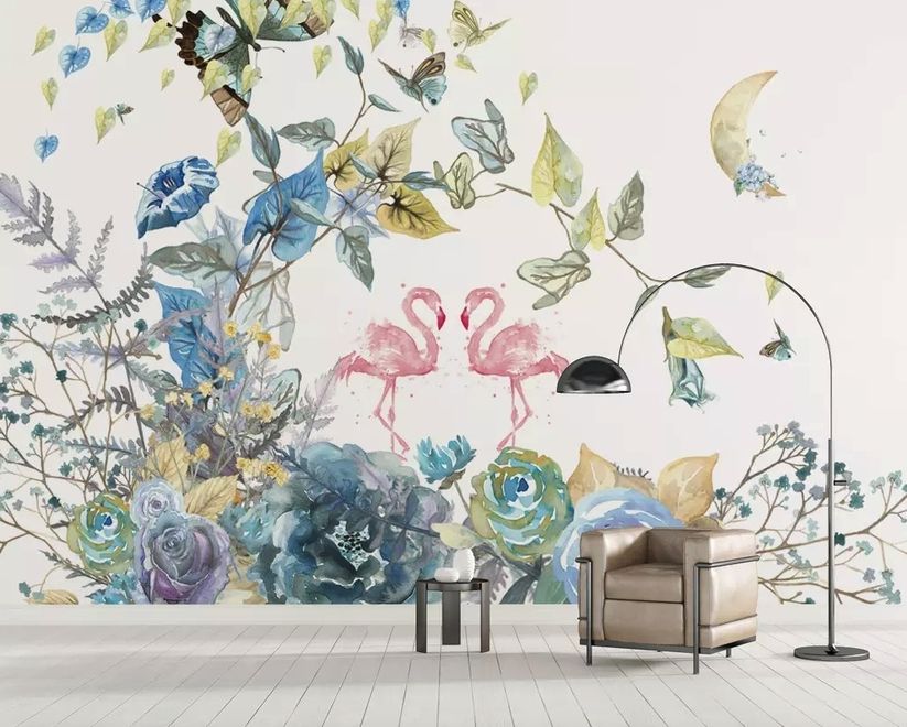 Flamingo and Soft Floral Wallpaper Mural