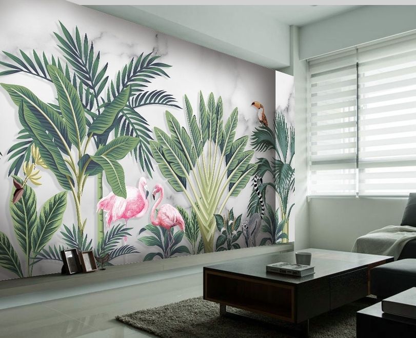Flamingo Toucan with Vintage Forest Wallpaper Mural