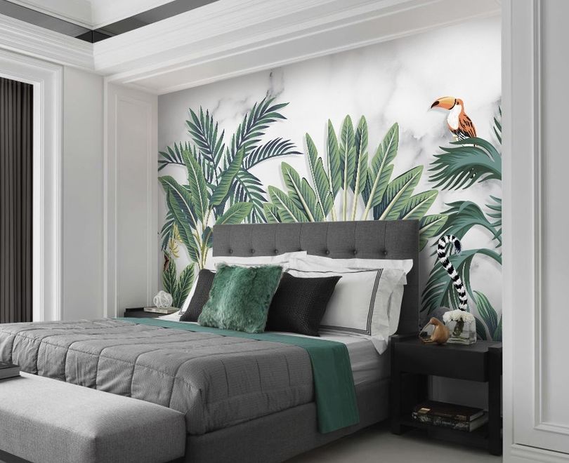 Flamingo Toucan with Vintage Forest Wallpaper Mural