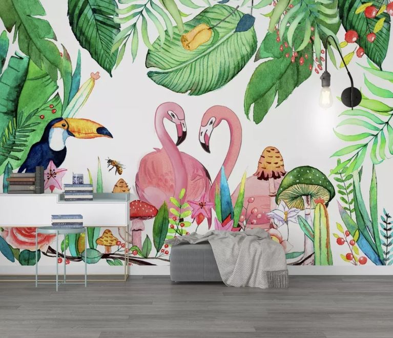Flamingos with Toucan Bird Wallpaper Mural