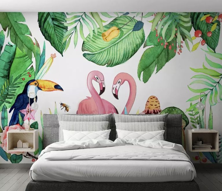 Flamingos with Toucan Bird Wallpaper Mural