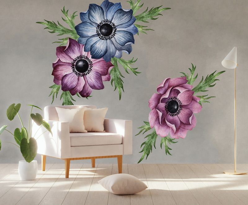 Watercolor Dark Blue Red Anemone Florals Wall Decal Sticker