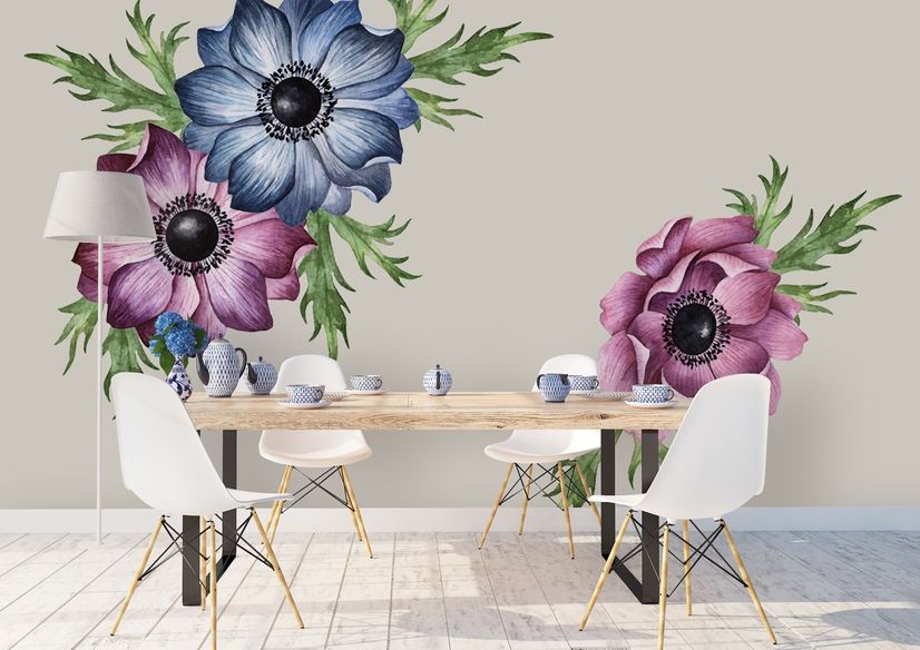Watercolor Dark Blue Red Anemone Florals Wall Decal Sticker