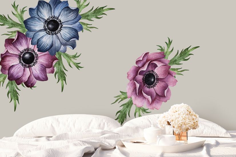 Watercolor Dark Blue Red Anemone Florals Wall Decal Sticker