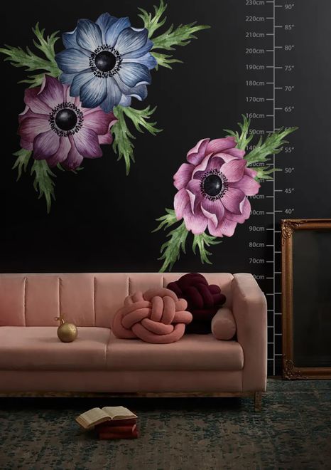 Watercolor Dark Blue Red Anemone Florals Wall Decal Sticker