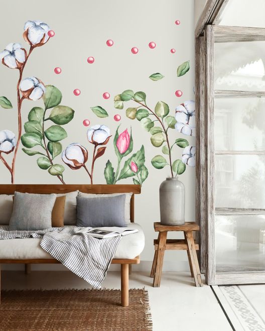 White Cotton Florals with Green Leaf and Pink Rosebud Wall Decal Sticker