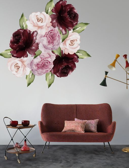 Watercolor Pink Peony Tulip Daisy Floral Bouqet Wall Decal Sticker