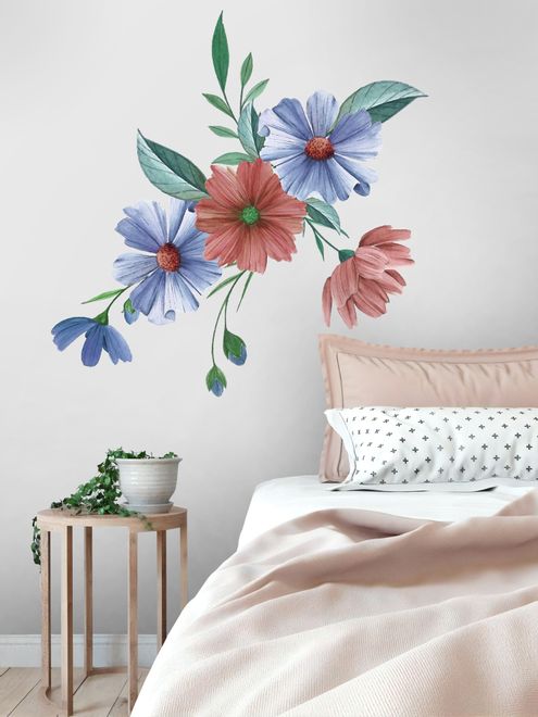 Blue Red Watercolor Daisy Floral Bouqet Wall Decal Sticker