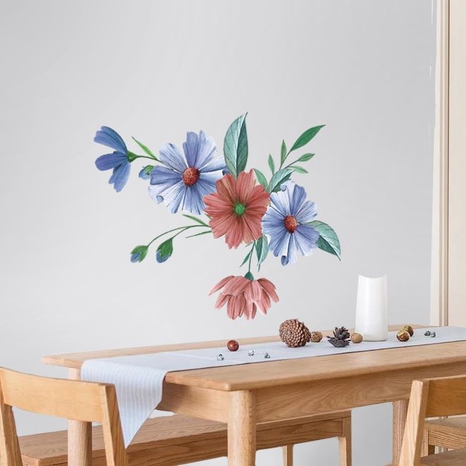 Blue Red Watercolor Daisy Floral Bouqet Wall Decal Sticker