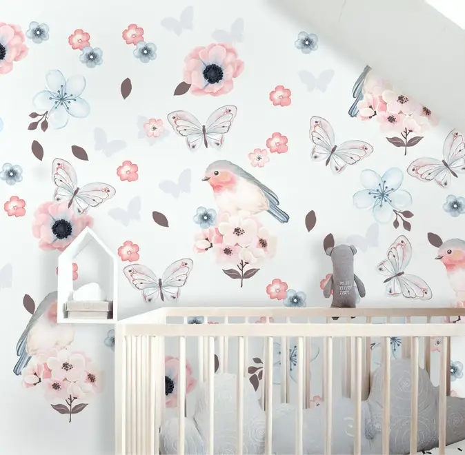 Watercolor Pink Blue Florals with Birds and Butterfly Wall Decal Sticker