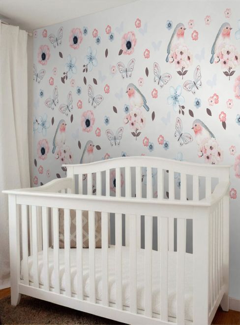Watercolor Pink Blue Florals with Birds and Butterfly Wall Decal Sticker