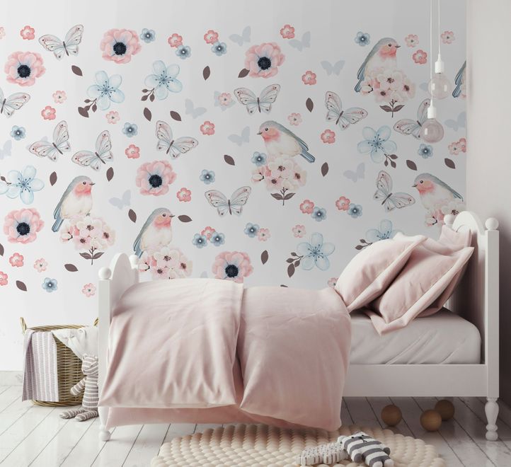 Watercolor Pink Blue Florals with Birds and Butterfly Wall Decal Sticker