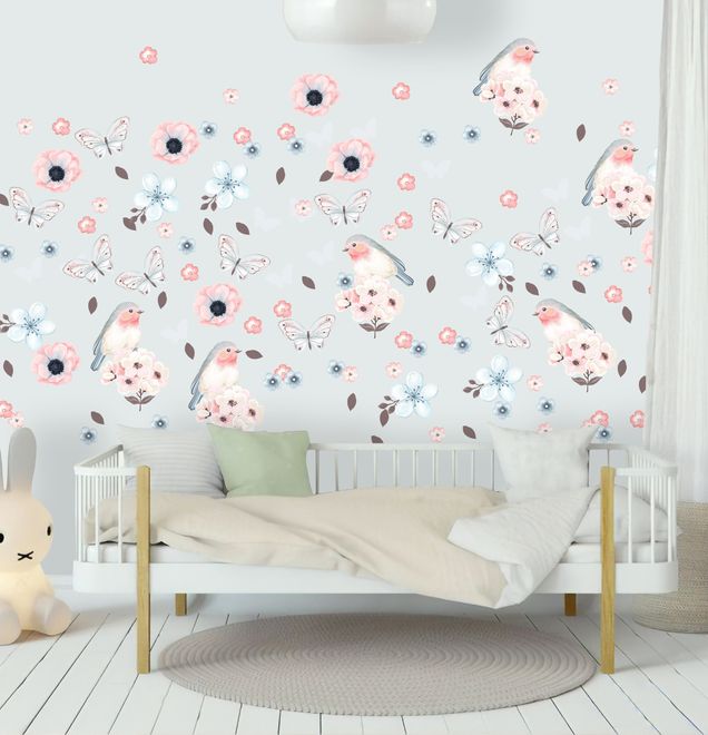 Watercolor Pink Blue Florals with Birds and Butterfly Wall Decal Sticker