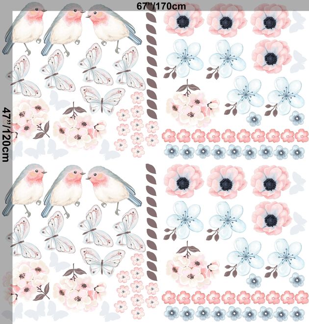 Watercolor Pink Blue Florals with Birds and Butterfly Wall Decal Sticker