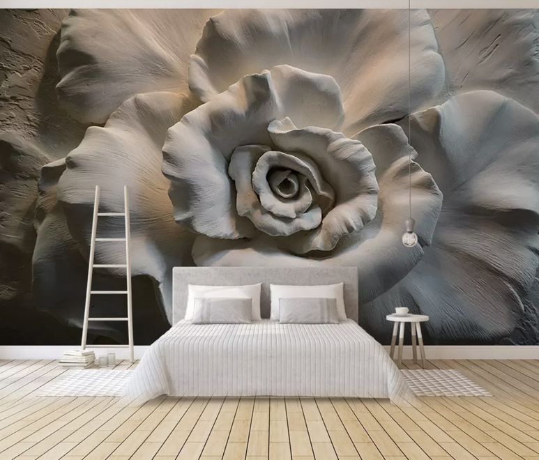 3D Embossed Look Cement Roses Wallpaper Mural