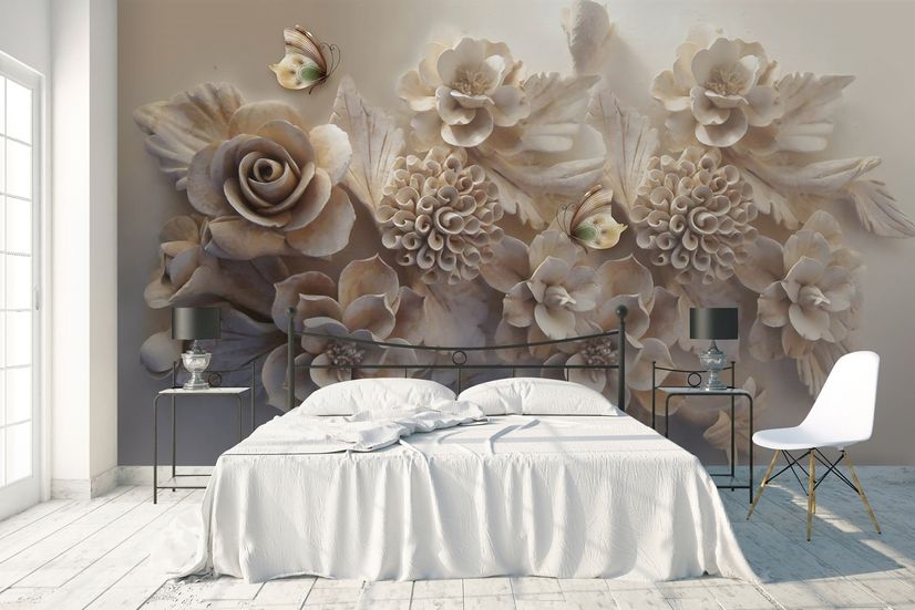 3D Look Faux Embossed Floral Wallpaper Mural