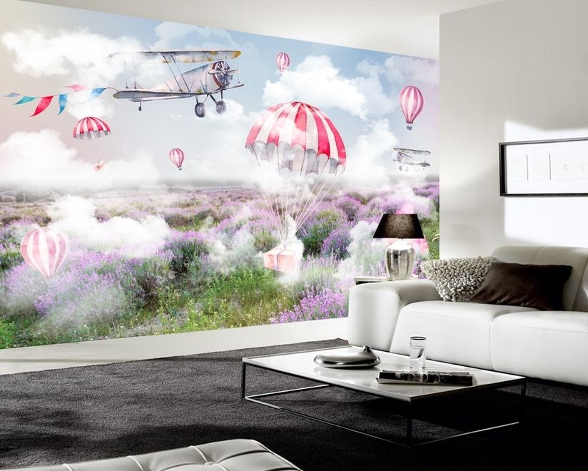 3D Look Misty Lavender and Hot Air Balloon Wallpaper Mural