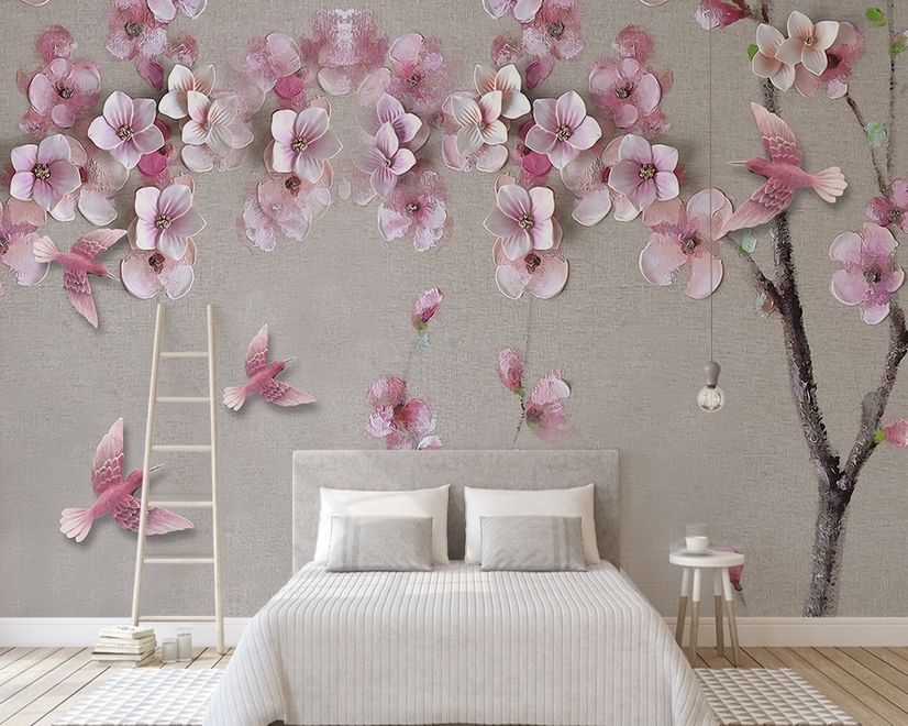 Cherry Blossom withh Pink Birds Wallpaper Mural