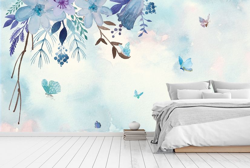 Blue Purple Floral with Little Butterfly Wallpaper Mural