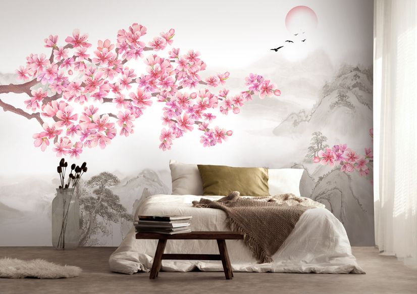 Cherry Blossom with Mountain Landscape Wallpaper Mural