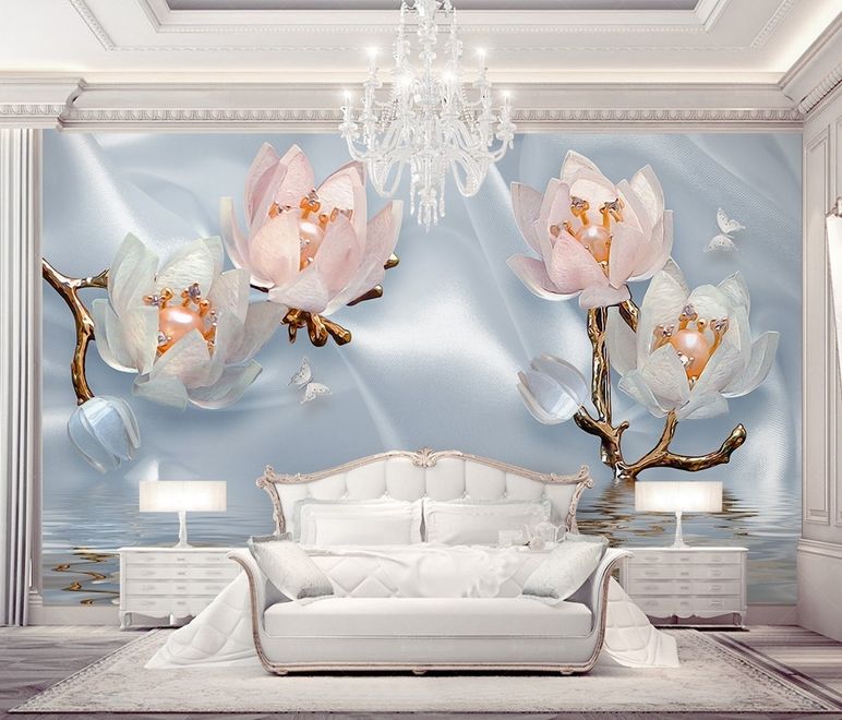 Pearl Lotus Flower and Little Butterfly Wallpaper Mural