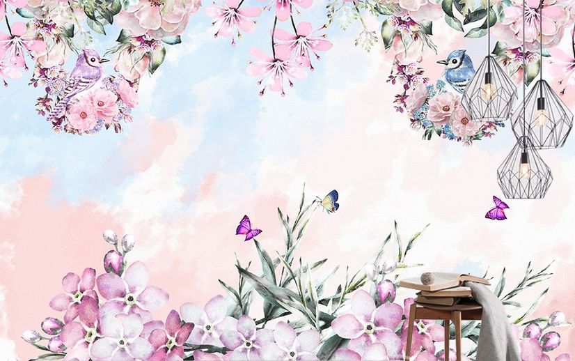 Watercolor Pink Floral Garden Wallpaper Mural
