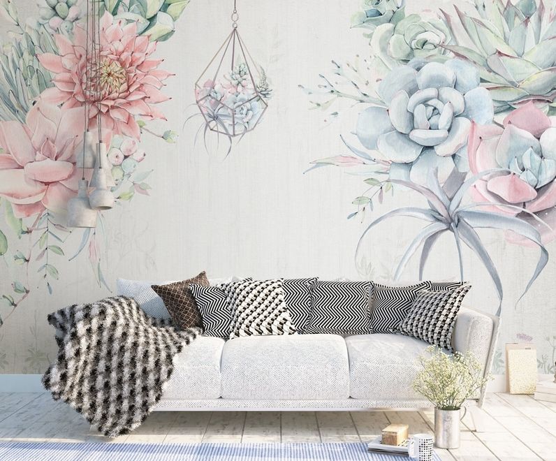 Pink Blue Soft Floral Wallpaper Mural