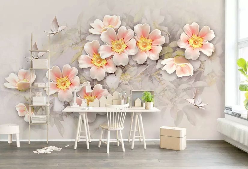 Pink Flower and White Butterfly Wallpaper Mural