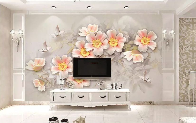 Pink Flower and White Butterfly Wallpaper Mural