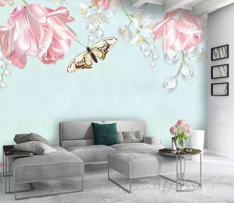 Pink Floral and Yellow Butterfly Wallpaper Mural