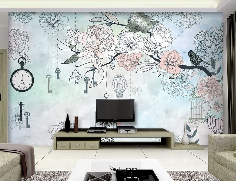 Hanging Keys on Floral Tree Wallpaper Mural