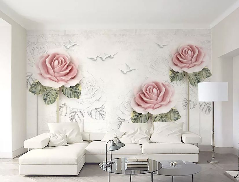 Soft Pink Flower and Charcoal Drawing Roses Wallpaper Mural